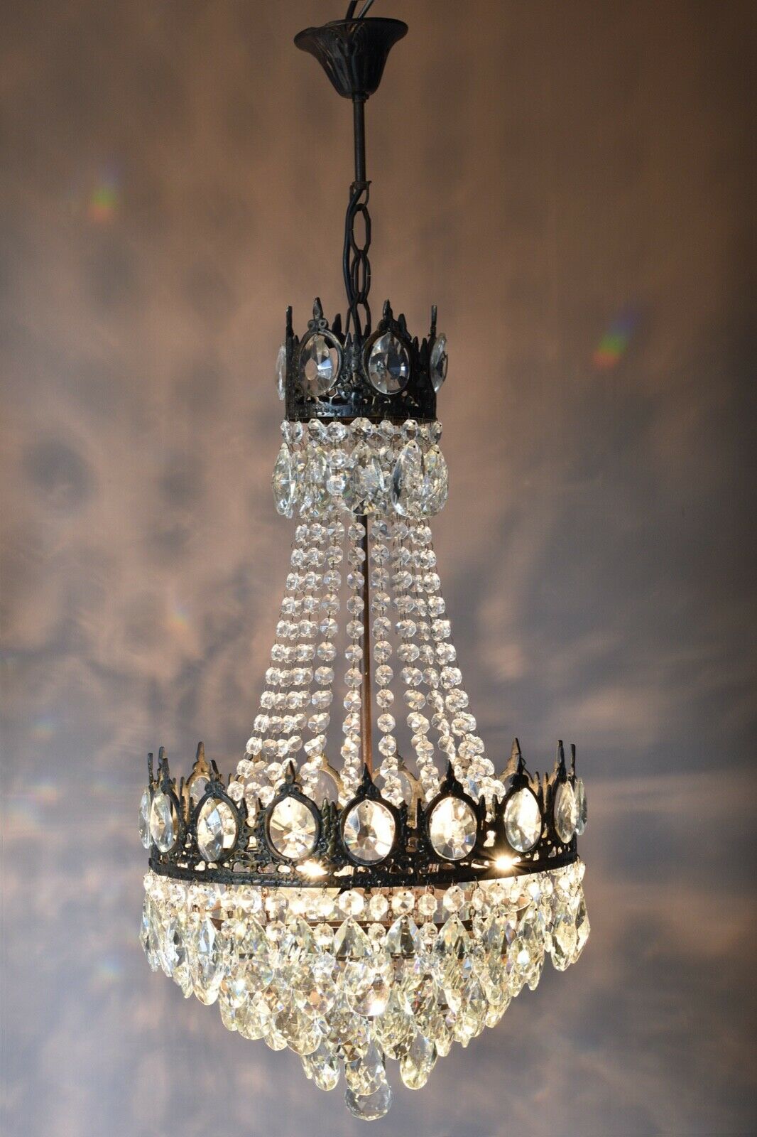 Two Antique Vintage Crystal Chandeliers in Bronze, Ceiling Lighting, pendants