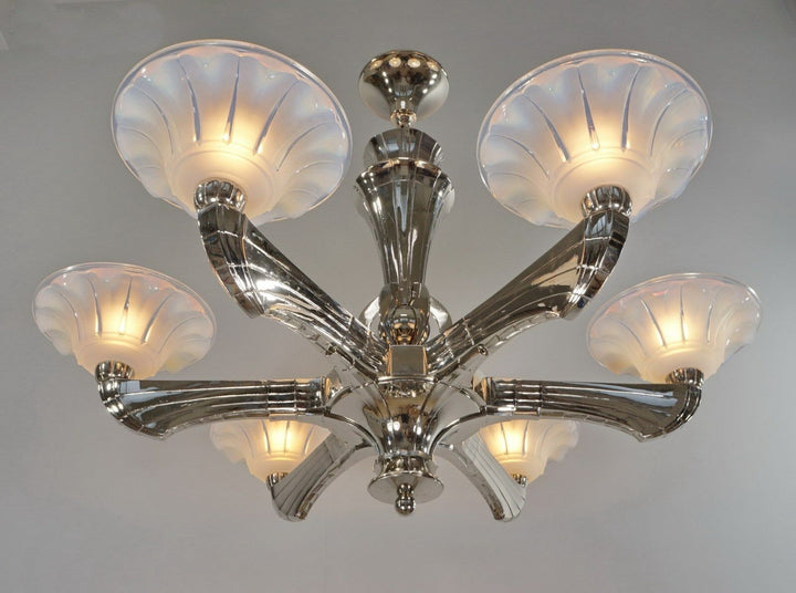 J.GAUTHIER EZAN EJG : LARGE 1930 1935 FRENCH OPALESCENT ART DECO CHANDELIER