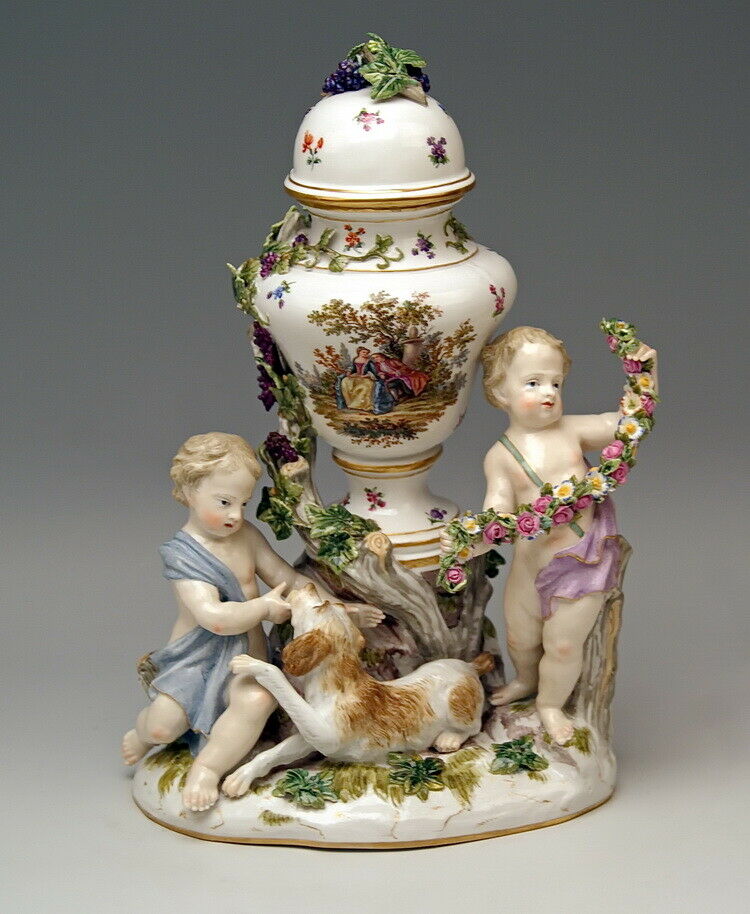 邁森 MEISSEN マイセン FIGUR GRUPPE DECKELVASE URNENFORM 2 PUTTEN MNR: 1009 UM 1830