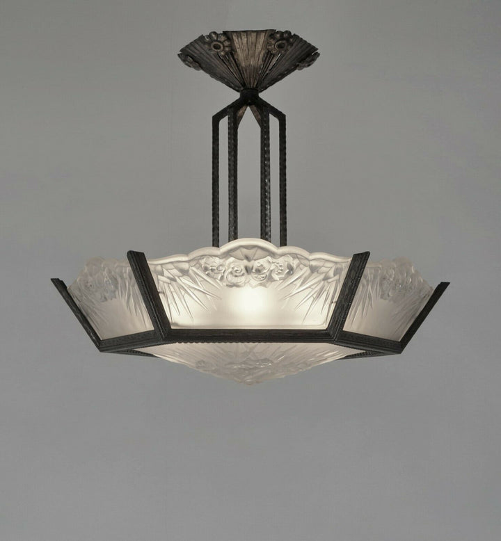 DAUM LORRAIN : FRENCH ART DECO CHANDELIER 1930 wrought iron lustre muller era