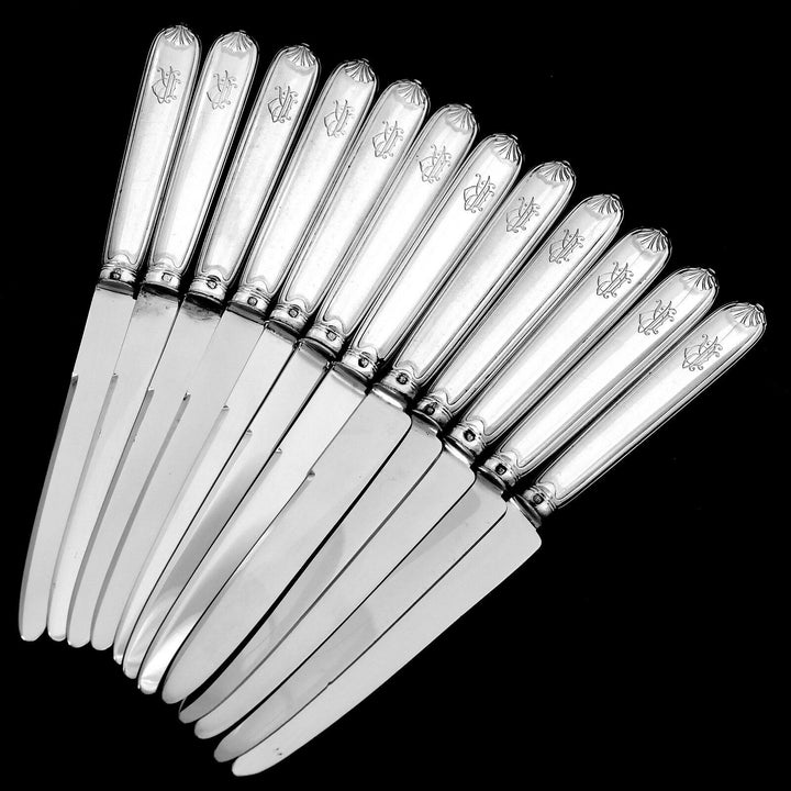 Puiforcat French Sterling Silver Dinner Dessert Knife Set 24 Pc, box, Shell