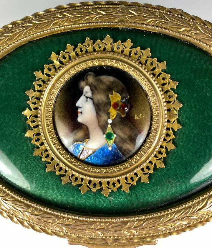 Antique French Kiln-fired Enamel Portrait Jewelry Box, Casket, 4 5/8" Dore Bronz