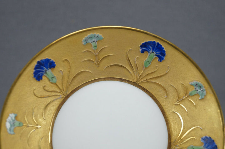 Antique French Hand Painted Blue Carnation Flower & Gold Demitasse Cup & Saucer