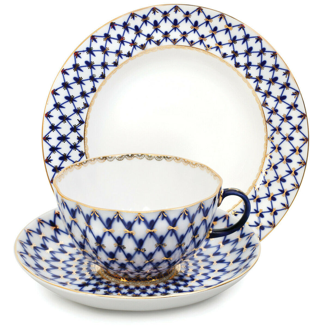 Cobalt Net Teacup, Saucer, Plate Set by Imperial Porcelain Russian Lomonosov LFZ