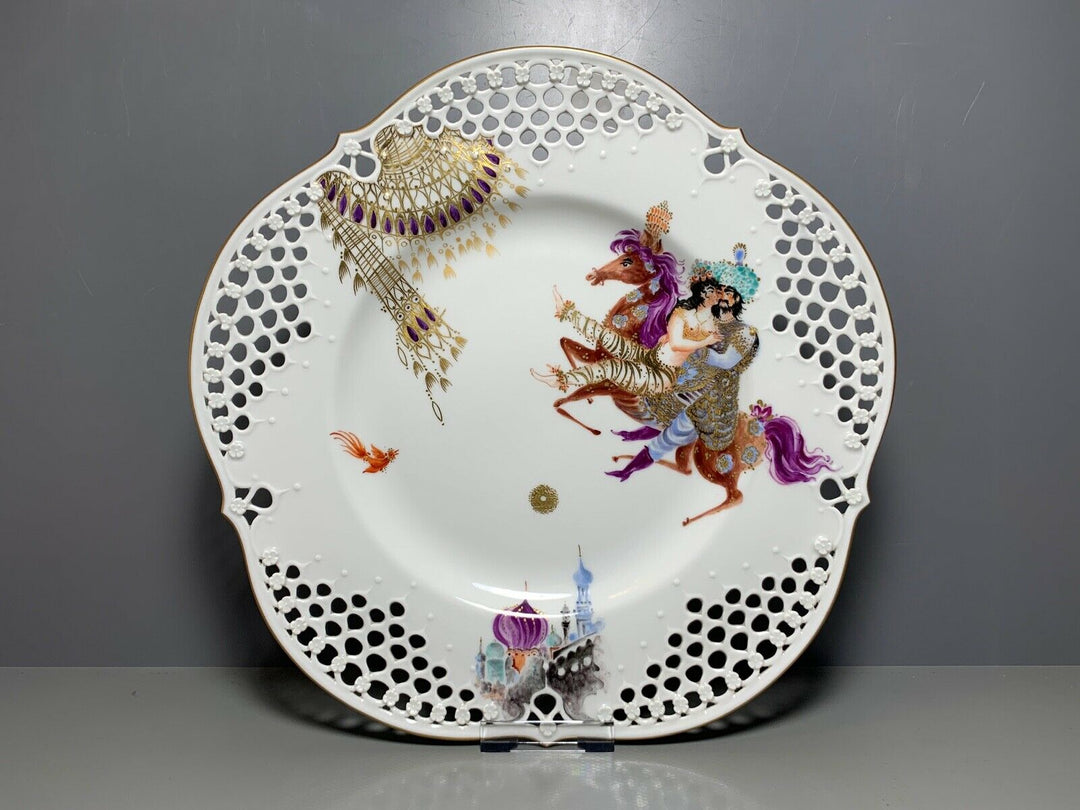 MEISSEN DURCHBRUCH TELLER 1001 NACHT LIEBESPAAR AUF PFERD TOP ZUSTAND D:29cm