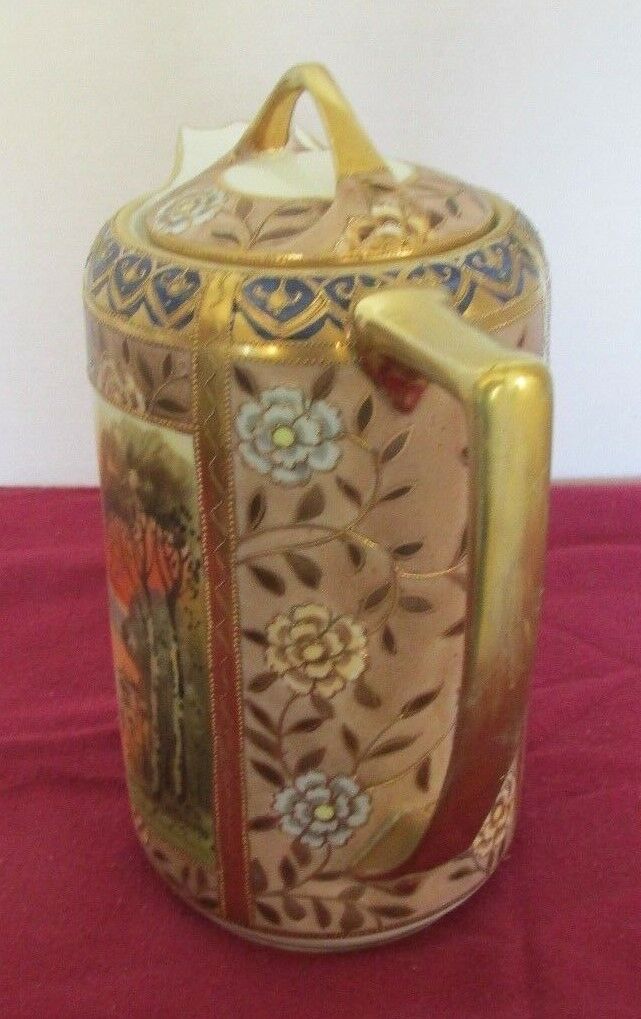 NIPPON GRN MRK GOLD ENAMELED FLOWERS DESIGN SWANS LAKE COTTAGE 8"T CHOCOLATE POT