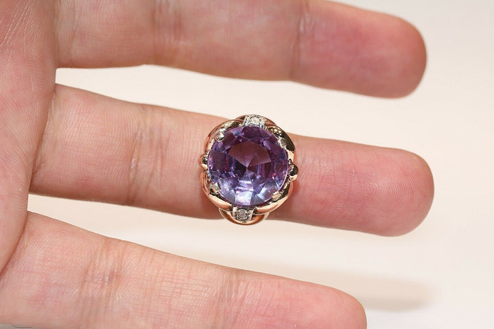 オールド オリジナル ヴィンテージ 14K ナチュラルローズカットダイヤモンドとアメシストのリング