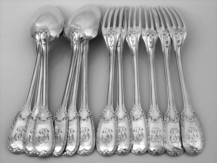 Puiforcat French Sterling Silver Dinner Flatware Set 12 pc Neoclassical