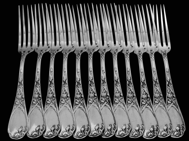 Puiforcat French Sterling Silver Dinner Flatware Set 25 pc Iris w/box