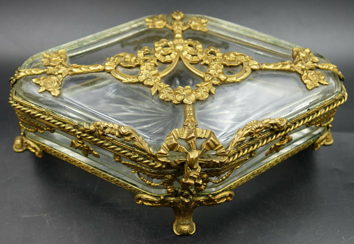 Louis XV French Baccarat Jewelry Box Crystal Ormolu Dore Bronze Rhombus Shaped