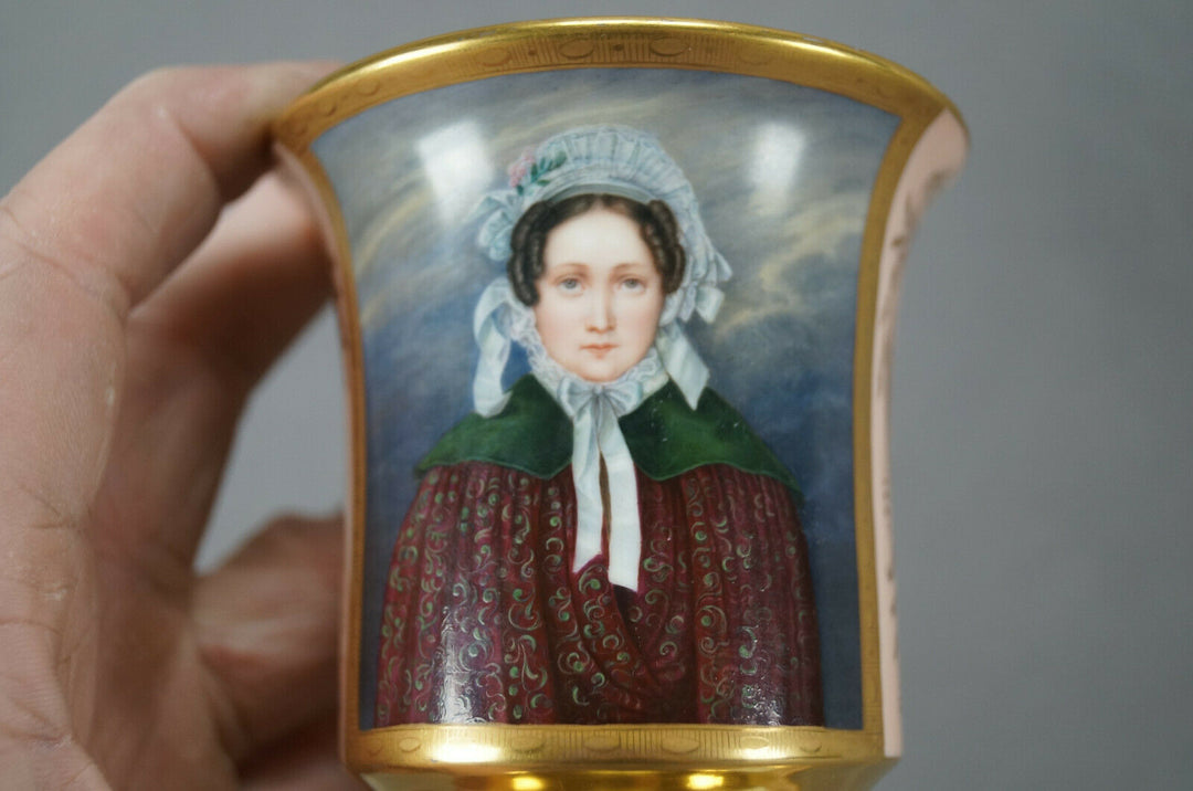 KPM Berlin Hand Painted Lady Portrait Pink & Gold Cup & Saucer Circa 1837-1844