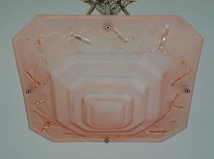 DEGUE : FRENCH 1930 ART DECO CHANDELIER .. butterflies . pendant lamp muller era