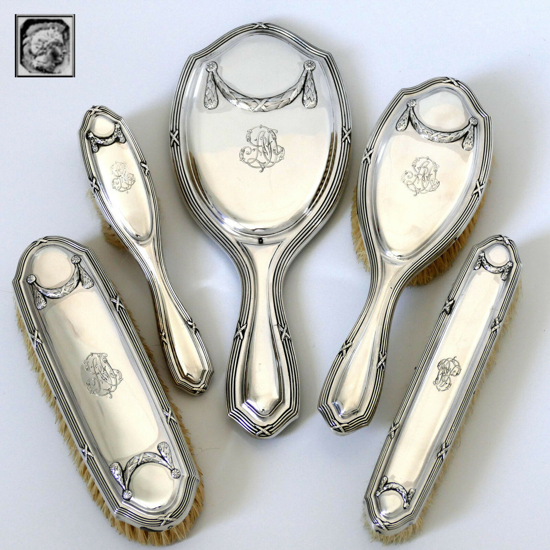 1900 Debain Rare French Sterling Silver Travel Vanity Set 5 Pc, Neoclassical