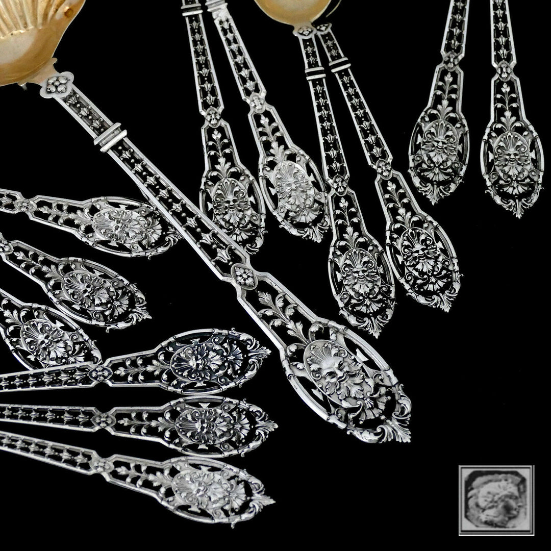 Puiforcat Masterpiece French Sterling Silver 18k Gold Dessert Set 15 pc Mascaron