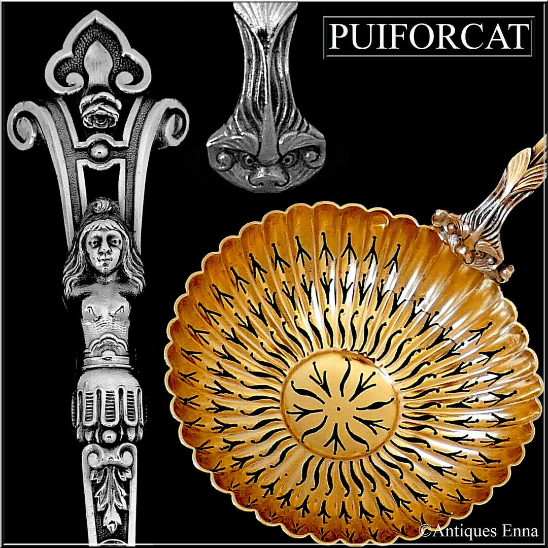 Puiforcat Rare French Sterling Silver 18k Gold Sugar Sifter Spoon, Caryatid