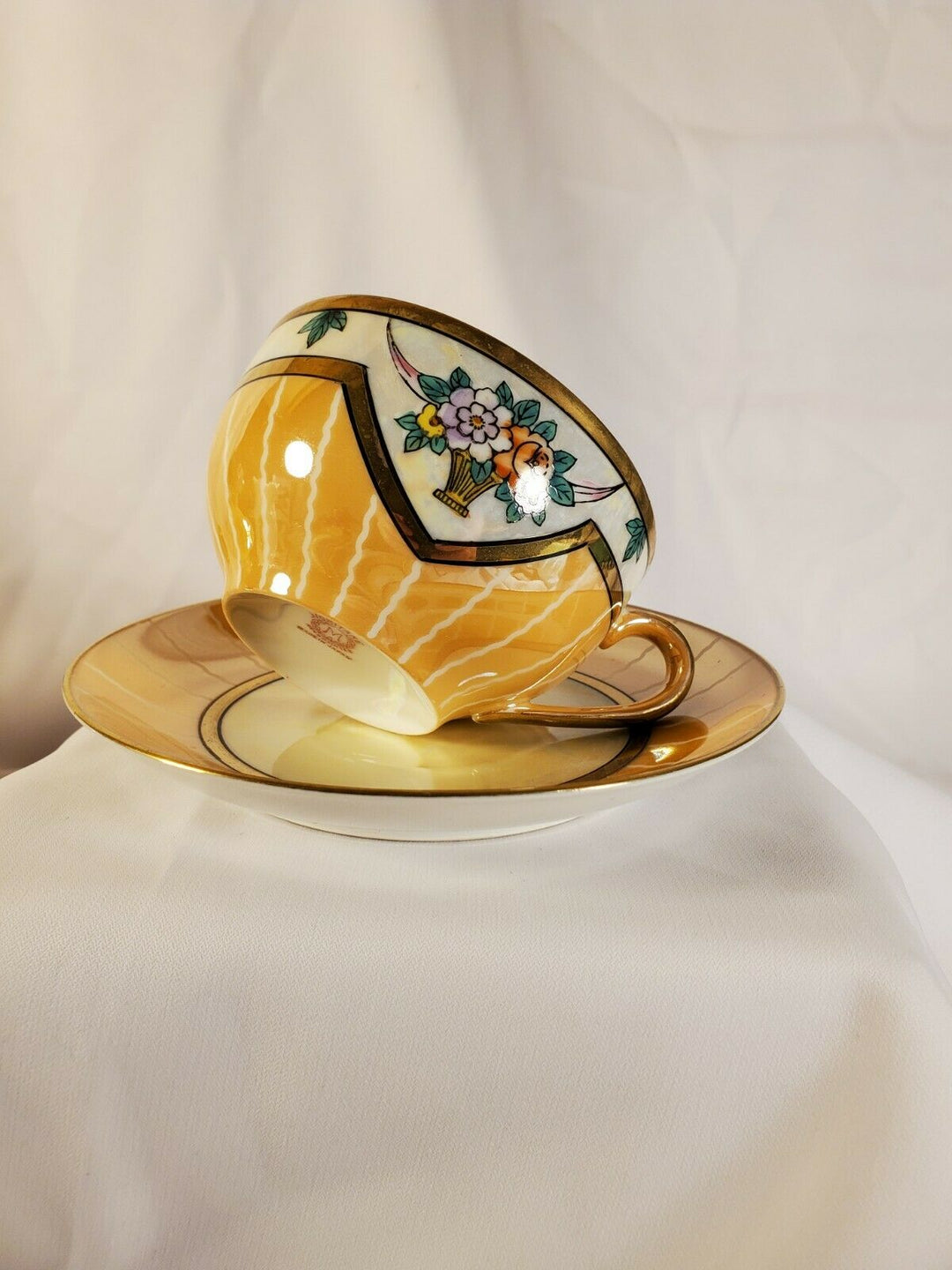 Noritake Teacup & Saucer Iridescent Lusterware Orange & White w/ Gold Trim Japan