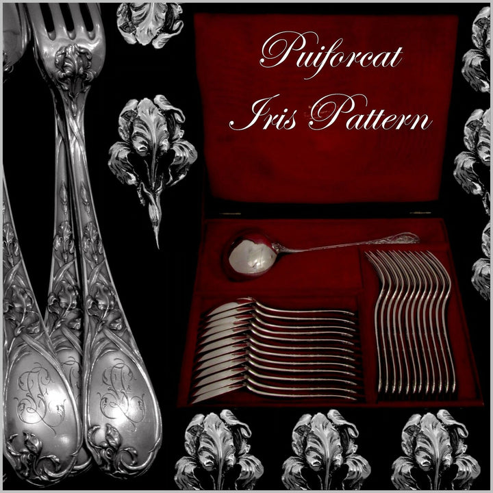 Puiforcat French Sterling Silver Dinner Flatware Set 25 pc Iris w/box