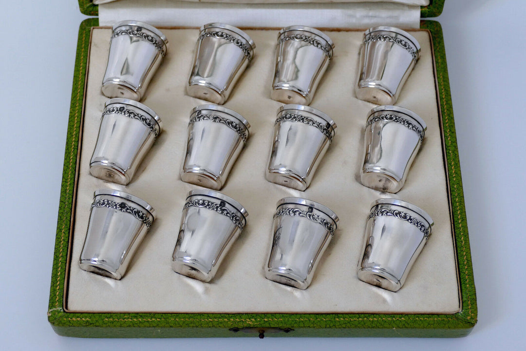 Antique French Sterling Silver 18k Gold Liquor Cups 12 pieces, Original Box