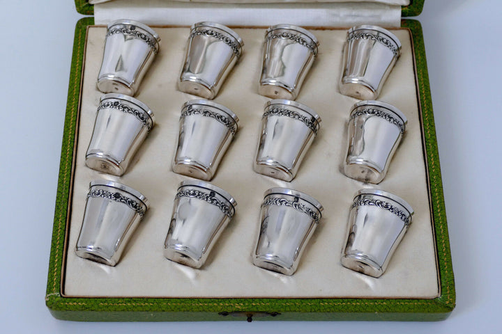 Antique French Sterling Silver 18k Gold Liquor Cups 12 pieces, Original Box