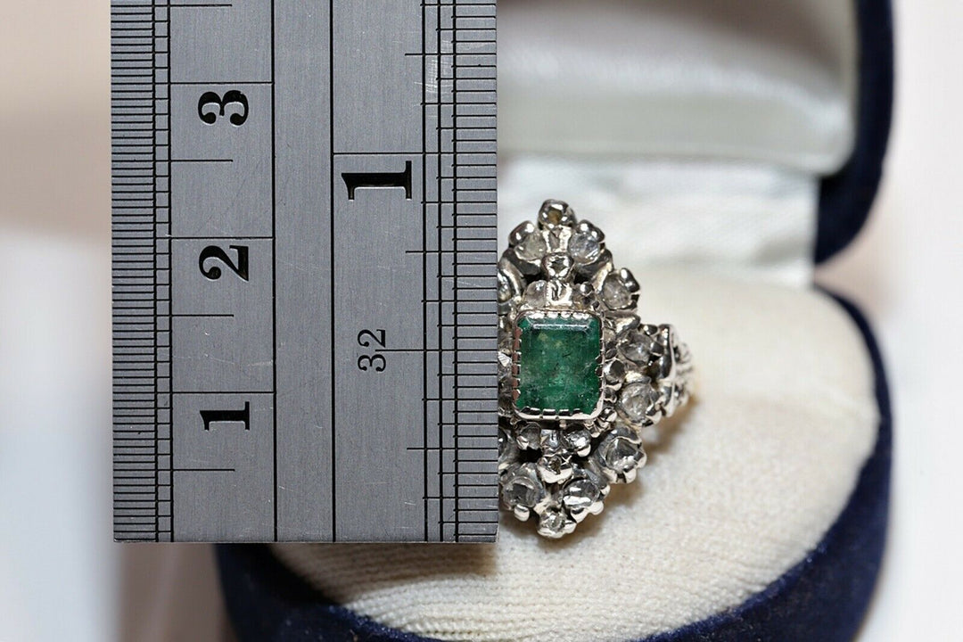 アンティーク ヴィクトリアン 18K ナチュラルローズカットダイヤモンドとエメラルドのナヴェットリング