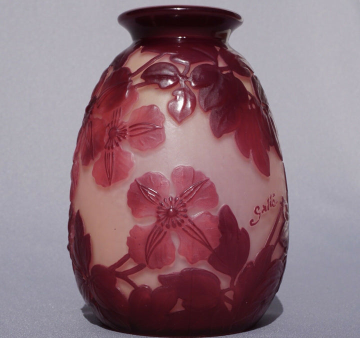 French Emile Galle Blown Out Soufle Vase Red Pink Clematis Flowers