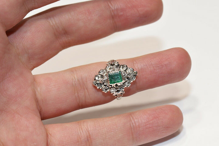 アンティーク ヴィクトリアン 18K ナチュラルローズカットダイヤモンドとエメラルドのナヴェットリング