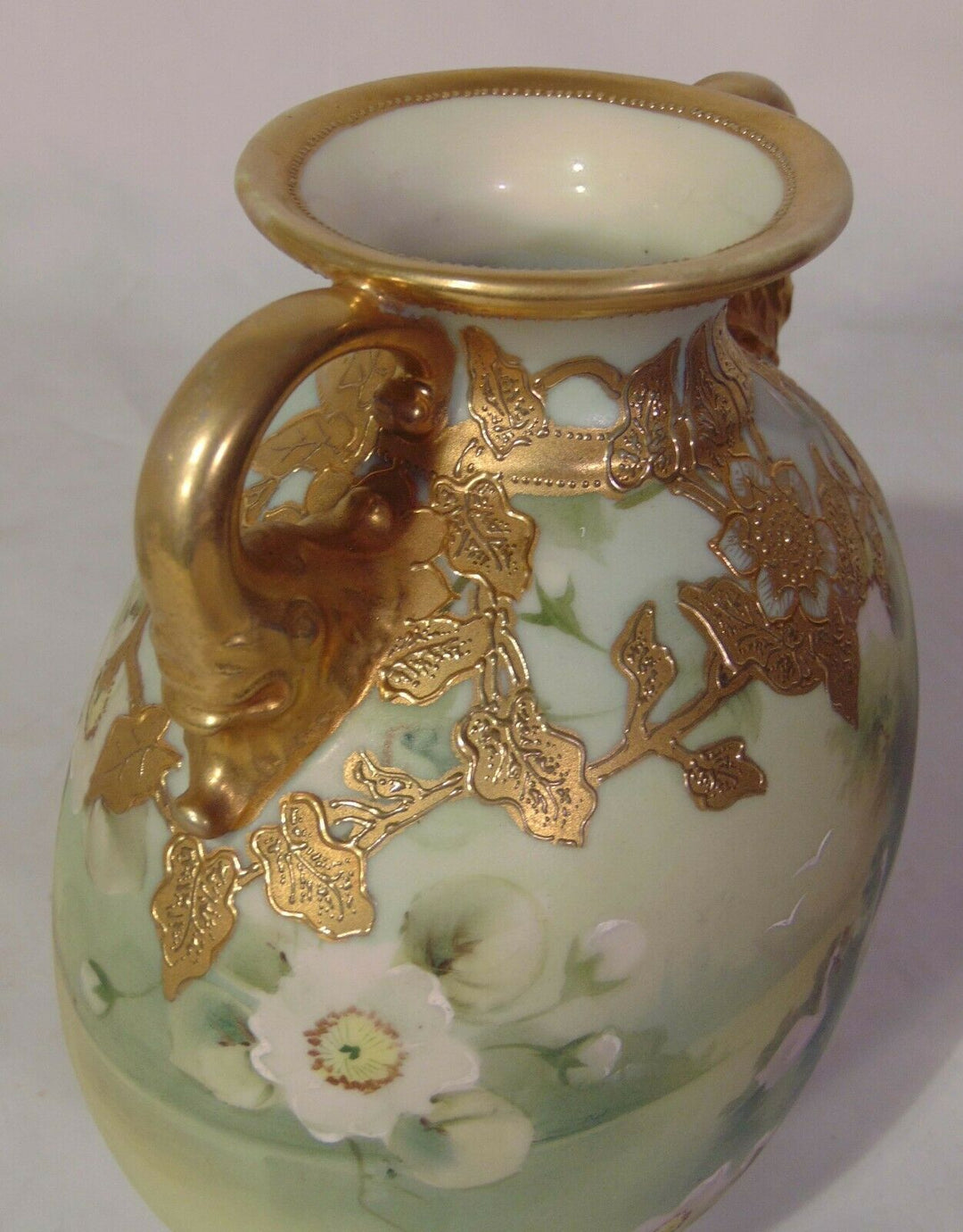 Japanese Nippon Porcelain Vase Elephant Handles Lion's Feet Swan White Roses