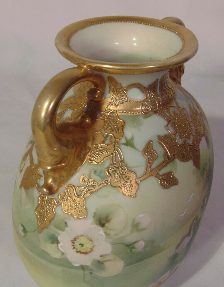 Japanese Nippon Porcelain Vase Elephant Handles Lion's Feet Swan White Roses