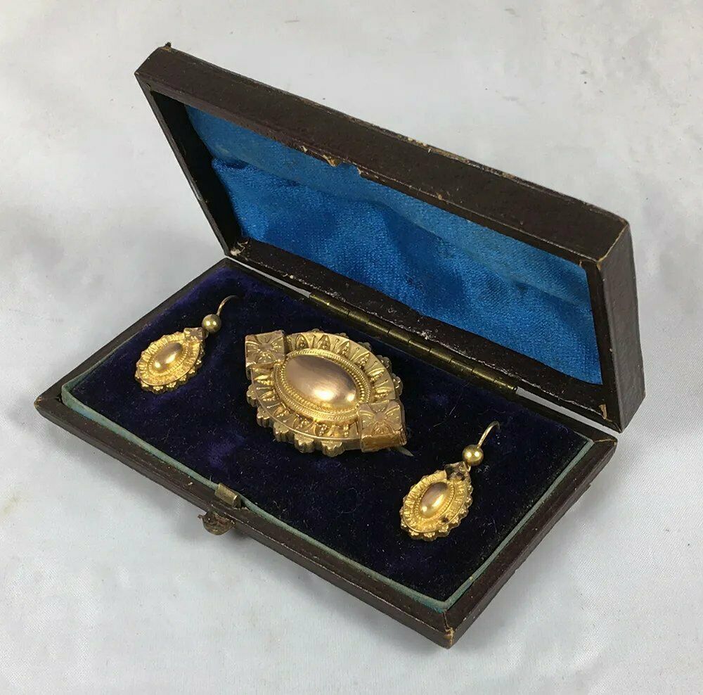 Antique Victorian 14k - 16k Gold Mourning Locket Brooch, Earrings Parure in Box