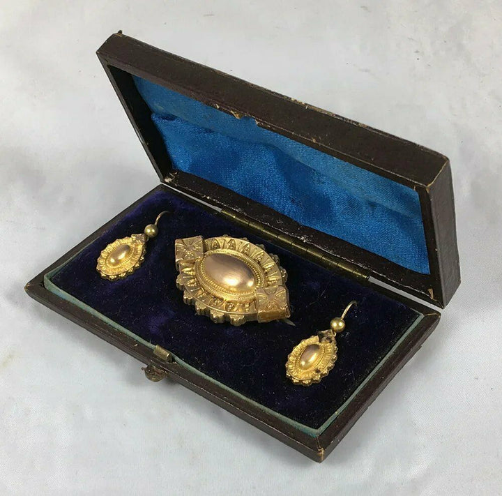 Antique Victorian 14k - 16k Gold Mourning Locket Brooch, Earrings Parure in Box