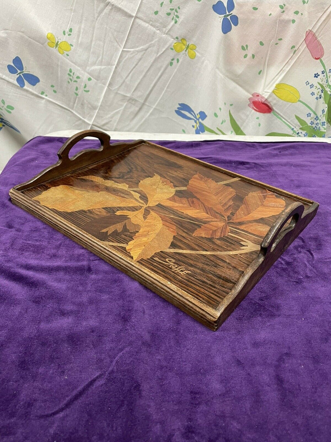 ANCIEN PLATEAU MARQUETERIE SIGNE GALLE ÉPOQUE ART NOUVEAU NOYER