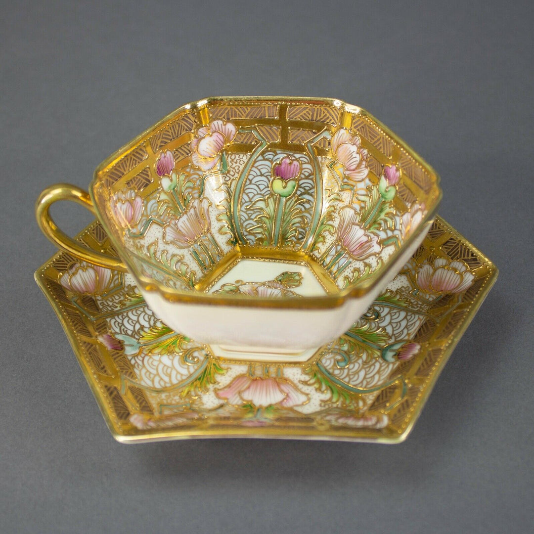 Nippon Hand Painted Embellished Gold Moriage Floral Tea Cups Saucers Rare Set 4