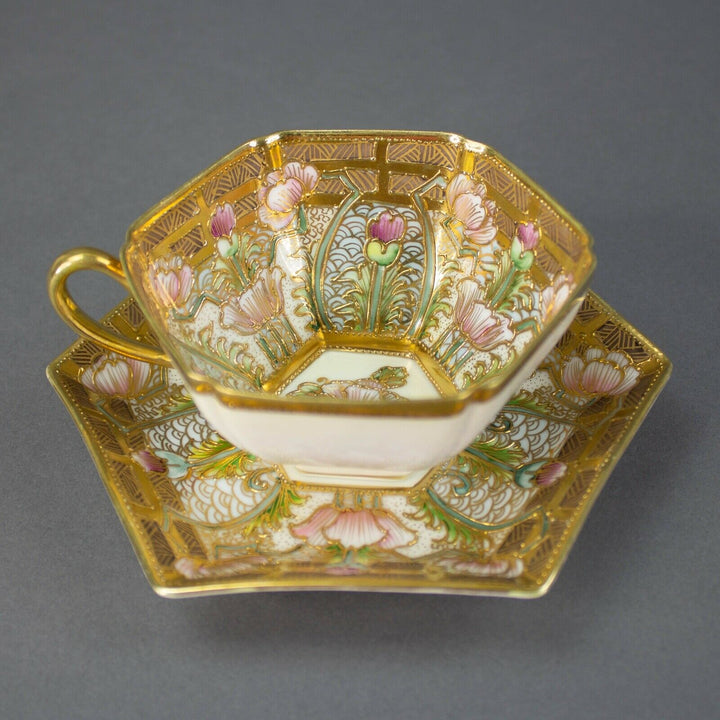 Nippon Hand Painted Embellished Gold Moriage Floral Tea Cups Saucers Rare Set 4