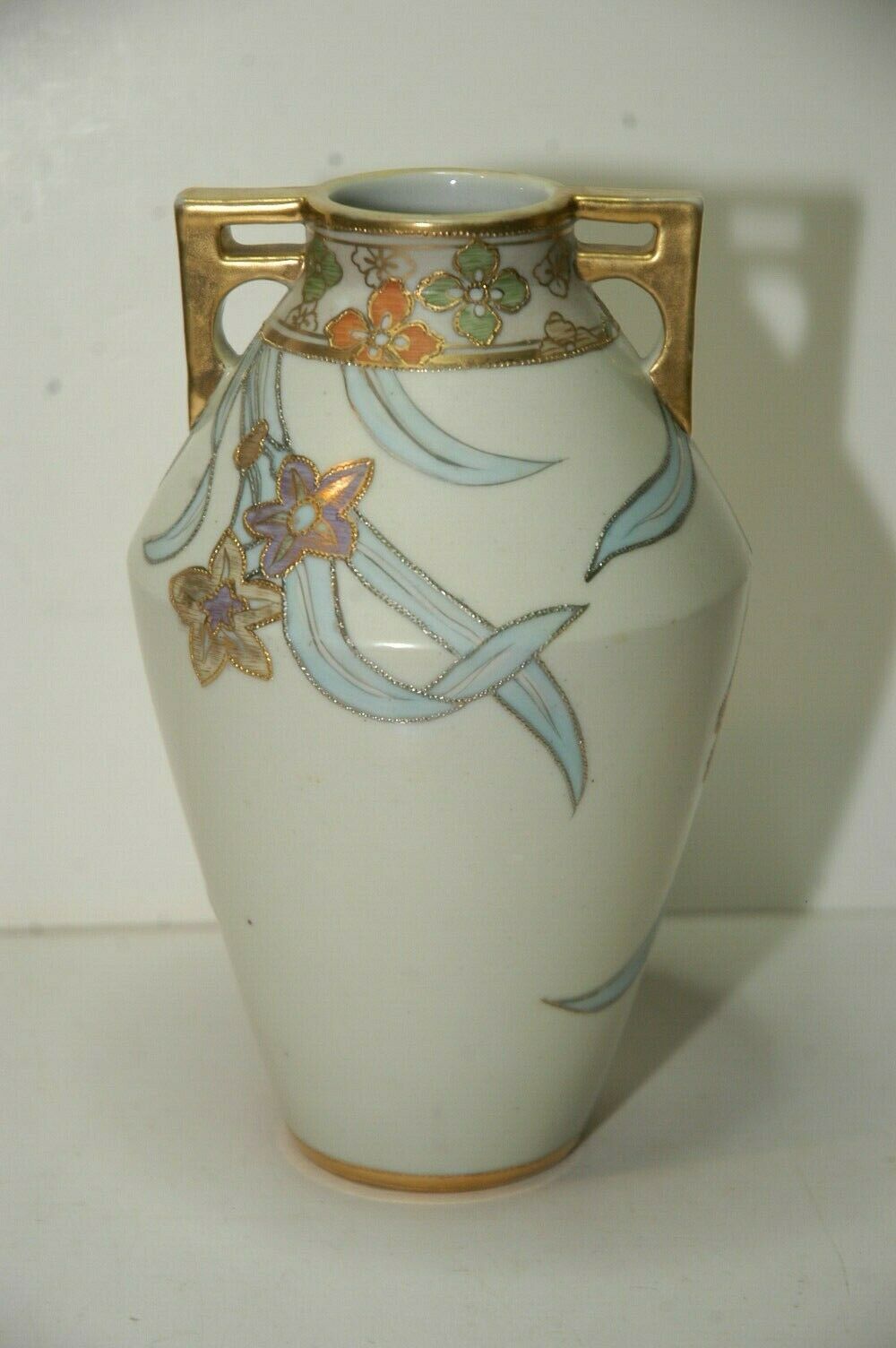 Noritake Nippon Morimura Two Handled Hand Painted Gilded Floral Vase 7.75" tall