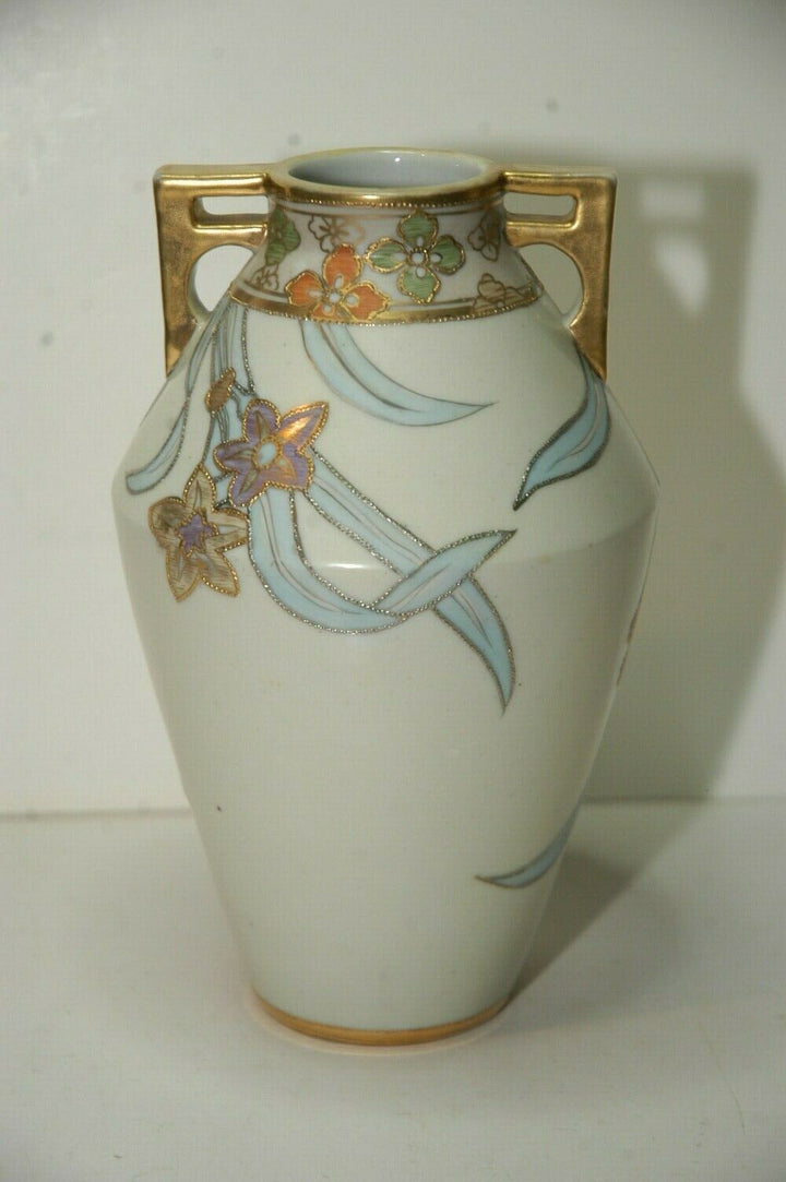 Noritake Nippon Morimura Two Handled Hand Painted Gilded Floral Vase 7.75" tall