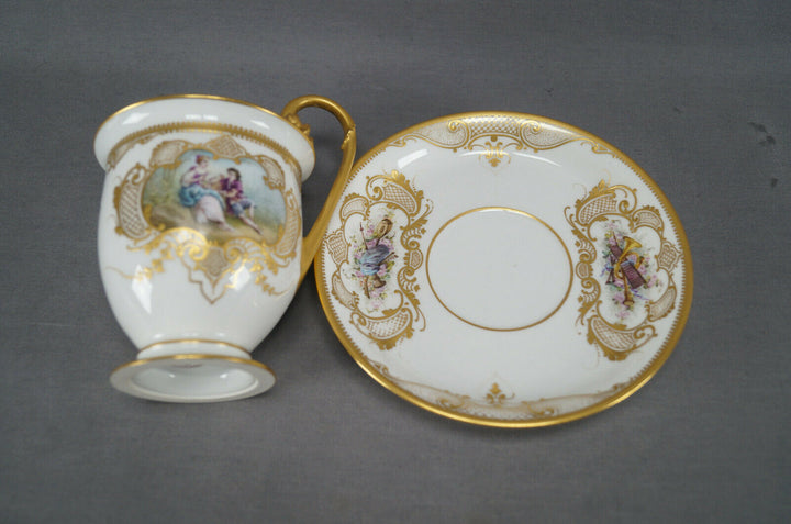 Sevres Hand Painted Courting Couple & Raised Gold Oversized Cup & Saucer C. 1889
