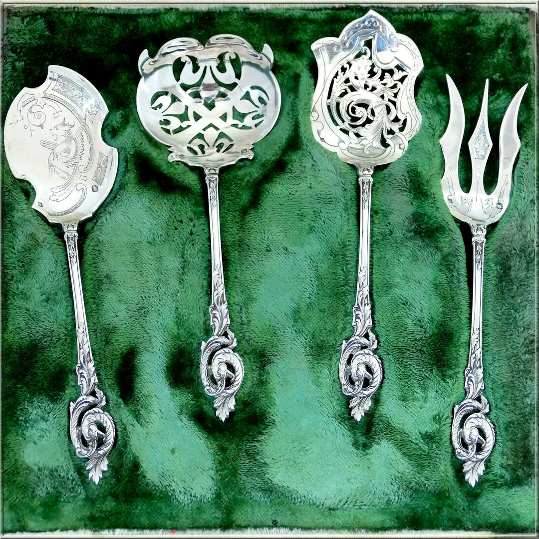Canaux Masterpiece French Sterling Silver Dessert Set 4 Pc, Dragon, Box