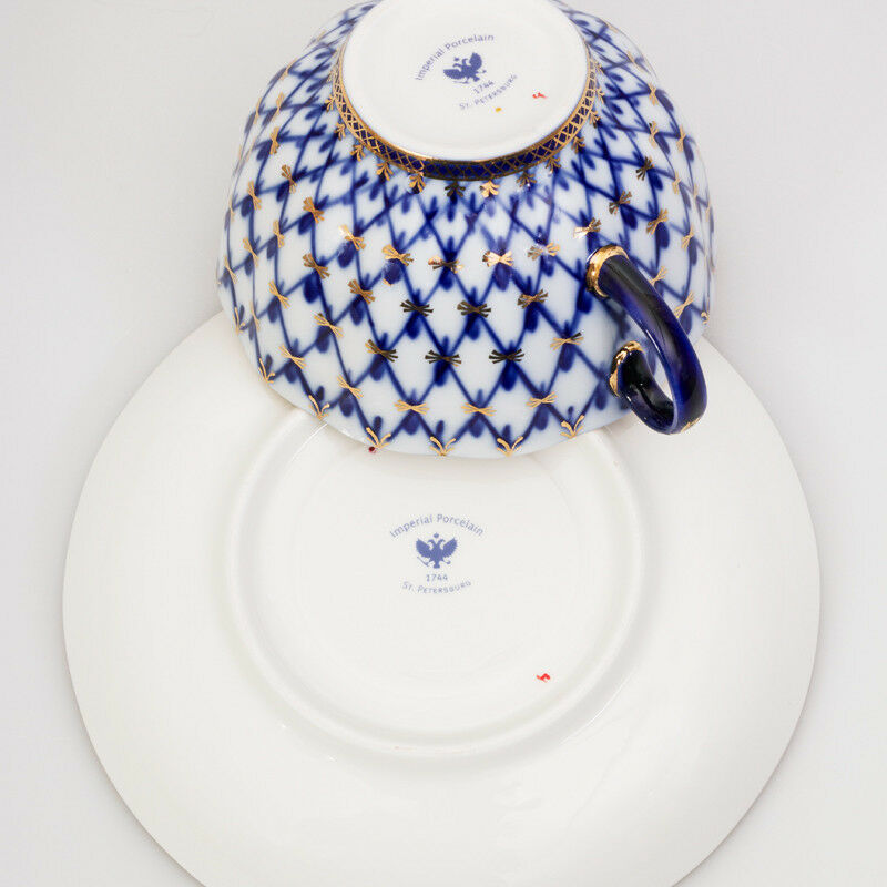 Classic Cobalt Net Teacup and Saucer by Imperial Porcelain Lomonosov LFZ IFZ