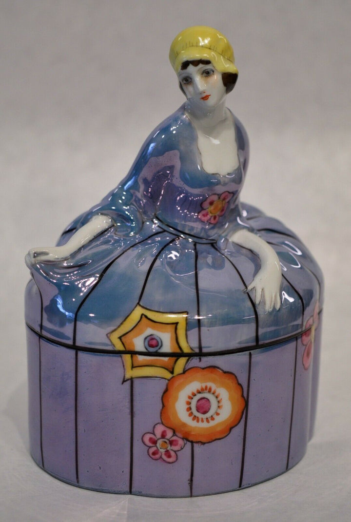 Great & scarce Art Deco lady Noritake blue luster oval box c.1920’s Superb!