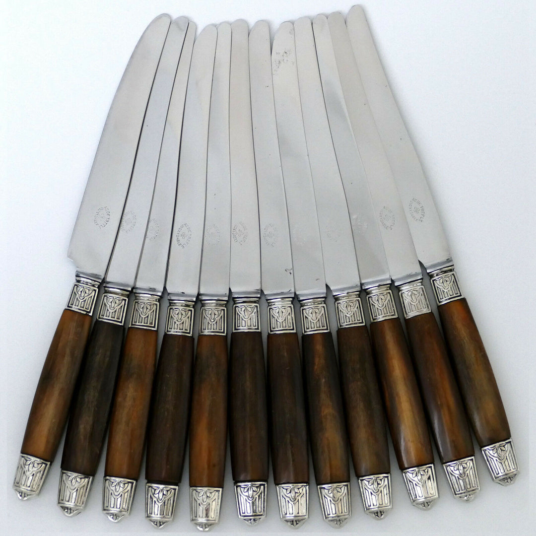 Thiers French Silver & Horn Dinner Knife Set of 12 pc, Art Deco