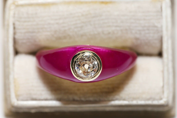 14K ナチュラルダイヤモンドとエナメルのソリテールリング