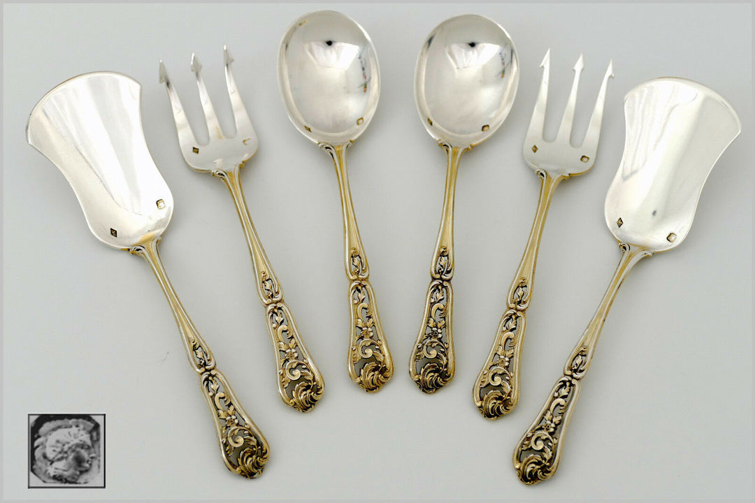 Cardeilhac French Sterling Silver 18K Gold Hors D'oeuvre Dessert Set 6 Pc, Box