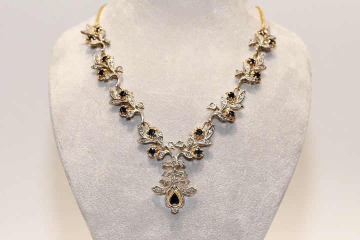 ヴィンテージ 18K ゴールド、シルバー、ローズカットダイヤモンド、サファイアのネックレス