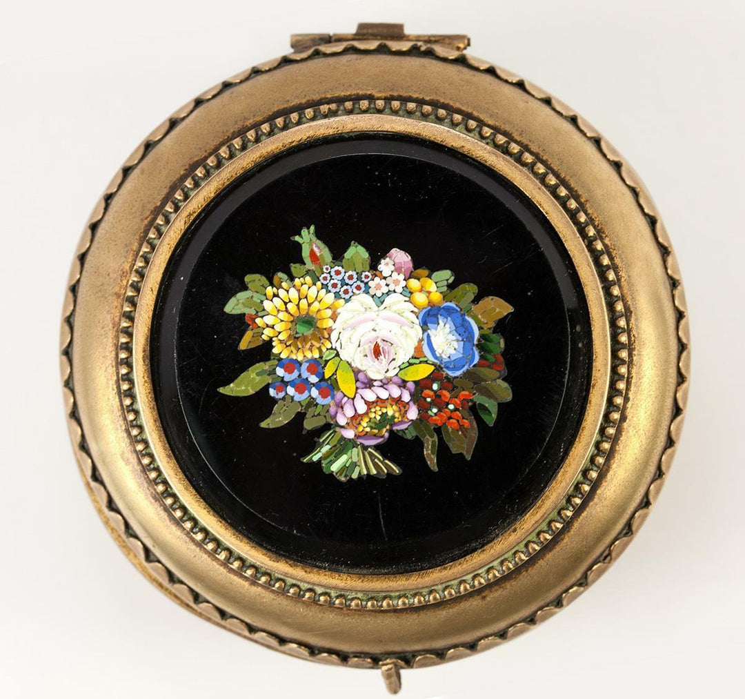 Antique Italian Micromosaic Powder Box, Enamel, Grand Tour c. 1840-60s Plaque