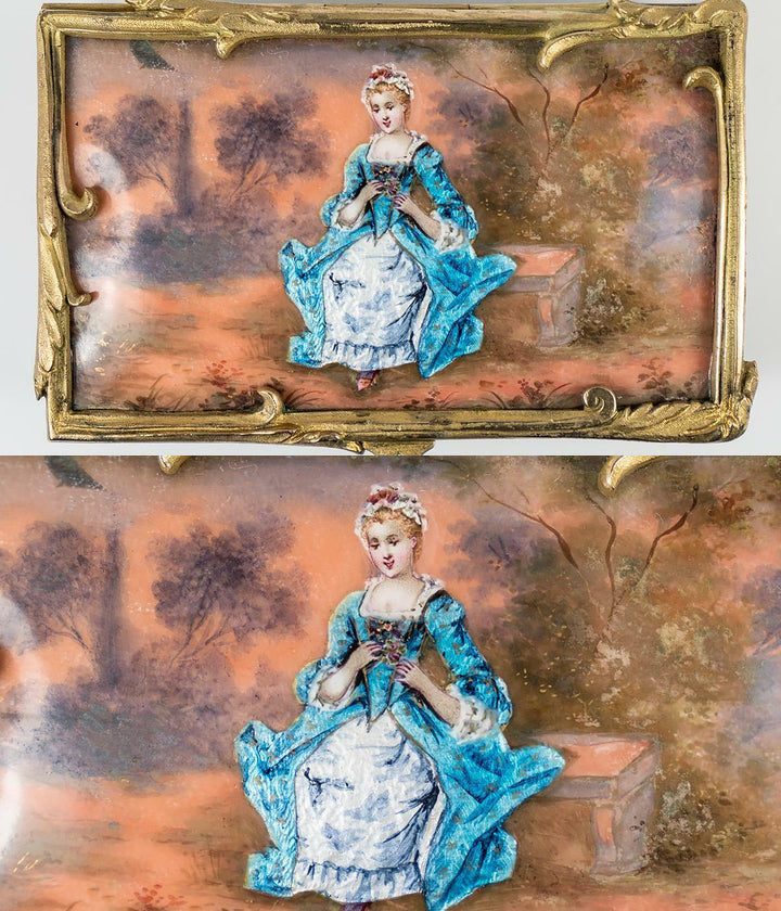 Rare Antique French Kiln-fired Enamel Jewelry box, Chocolatier's Signature