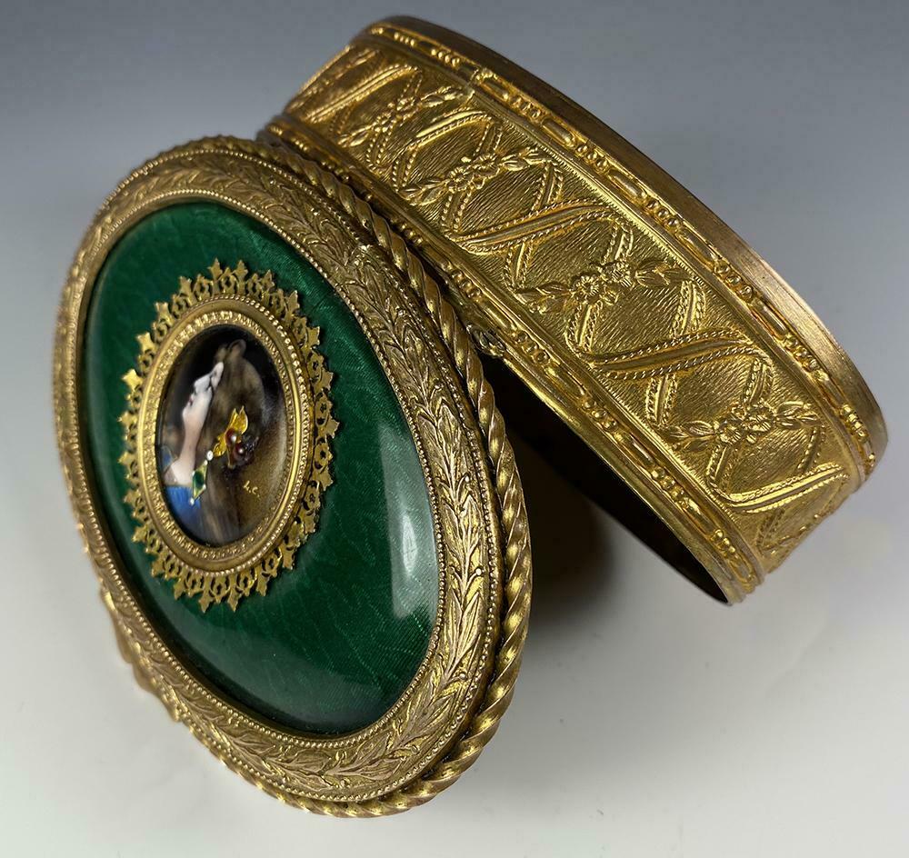 Antique French Kiln-fired Enamel Portrait Jewelry Box, Casket, 4 5/8" Dore Bronz