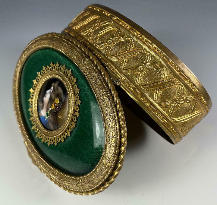 Antique French Kiln-fired Enamel Portrait Jewelry Box, Casket, 4 5/8" Dore Bronz