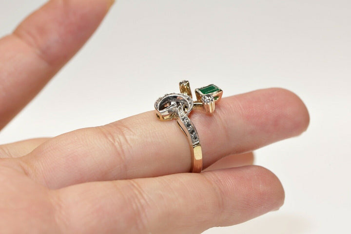 アンティーク オリジナル 18K ナチュラルローズカットダイヤモンドとエメラルドのリング