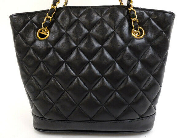 AUTH CHANEL BLACK CLASSIC LAMBSKIN TOTE SHOULDER BAG