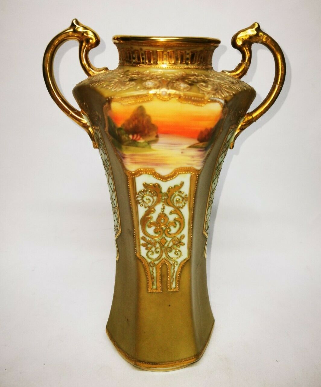 Antique Noritake Two Handled Pedestal Vase Gilted & Jewelled c1906 Art Nouveau